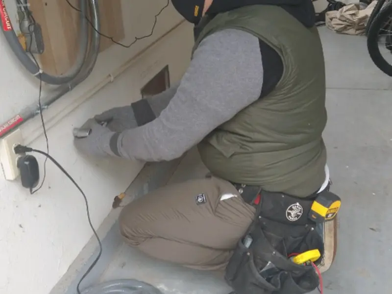 Electrician performing outlet wiring in a Oakwood garage